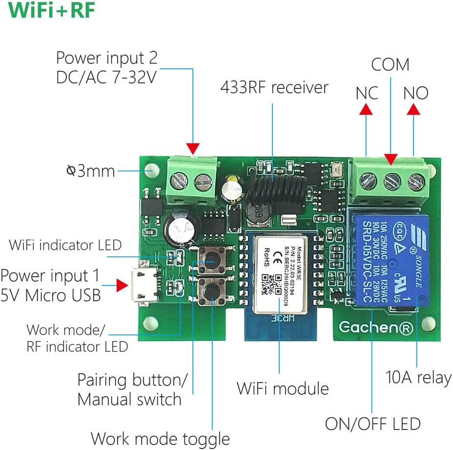 Newgoal WiFi Inching/Selbstsperrendes Relaismodul WiFi Momentary Switch mit 433 MHz RF Fernbedienung