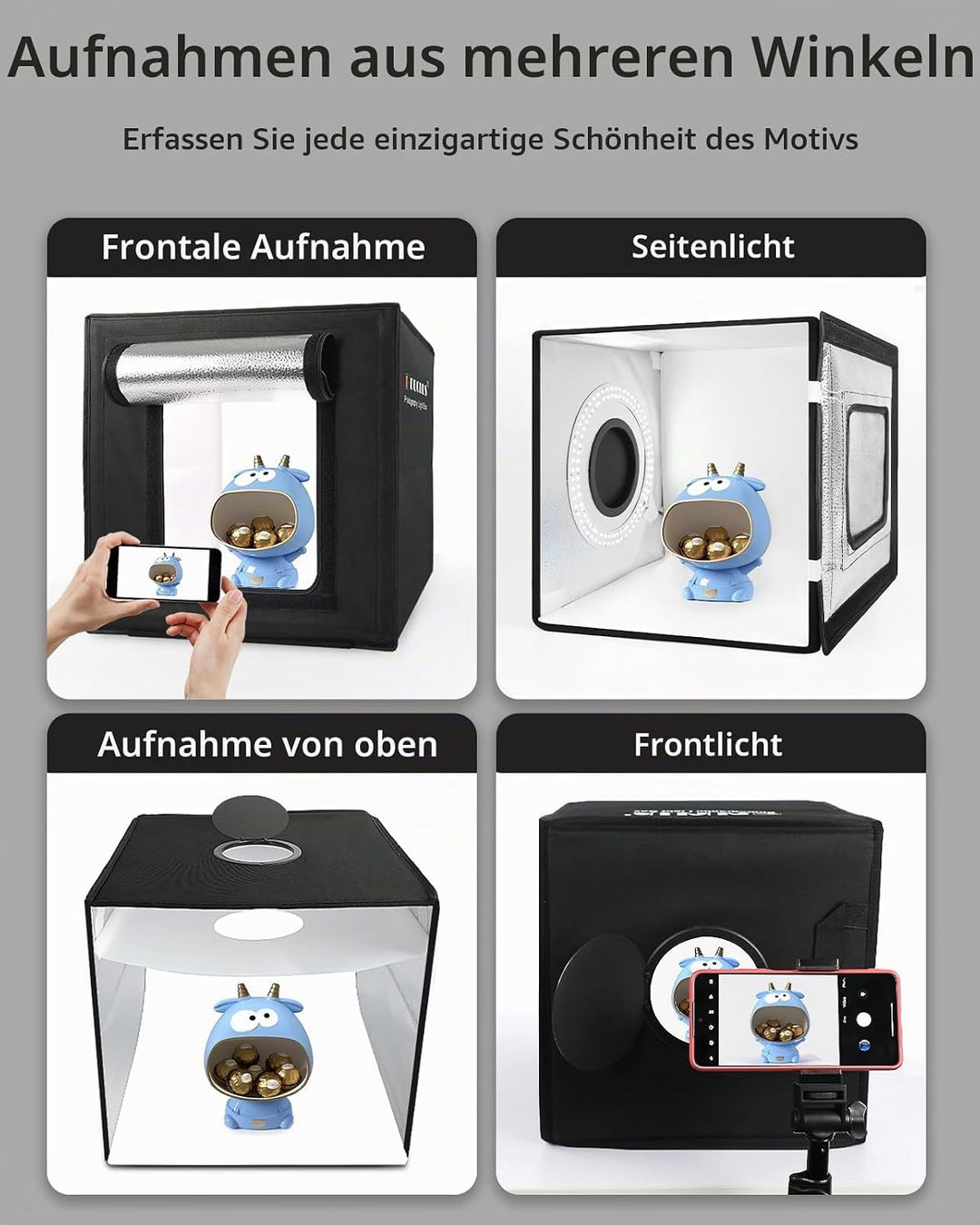 DUCLUS Fotobox, 25x25 cm Fotostudio Set für Produktfotografie, Faltbare Mini Lichtbox mit 96 LEDs, 6