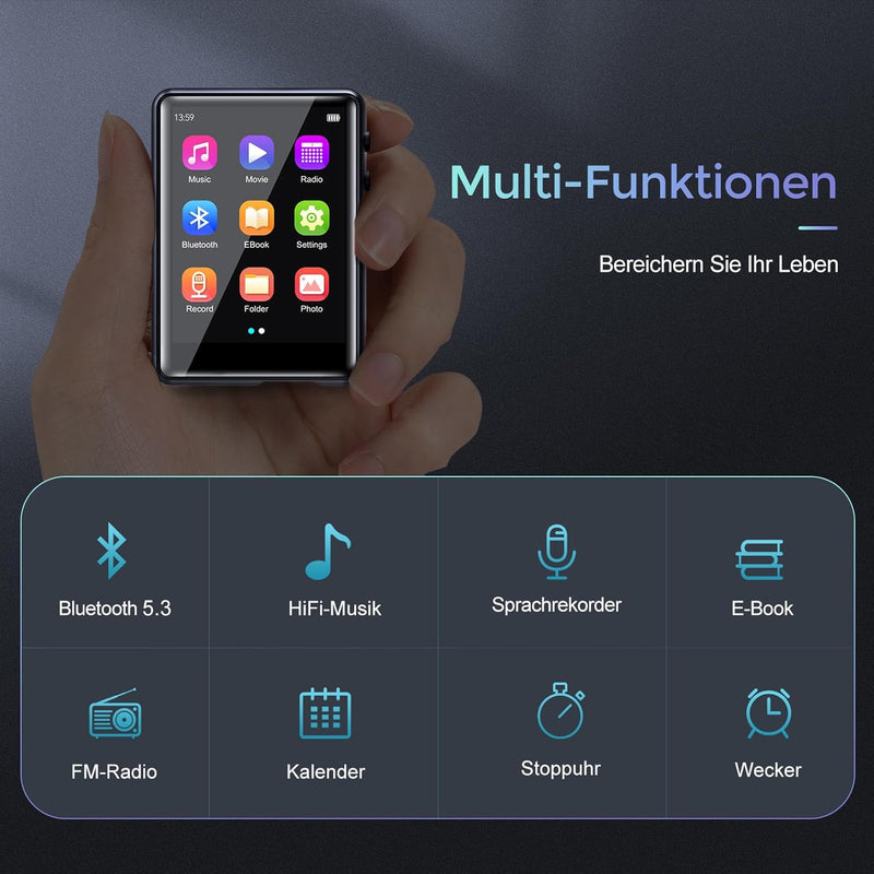 32GB MP3 Player Bluetooth 5.0, Touchscreen HiFi Verlustfreier Ton Musik Player mit Lautsprecher, Lin