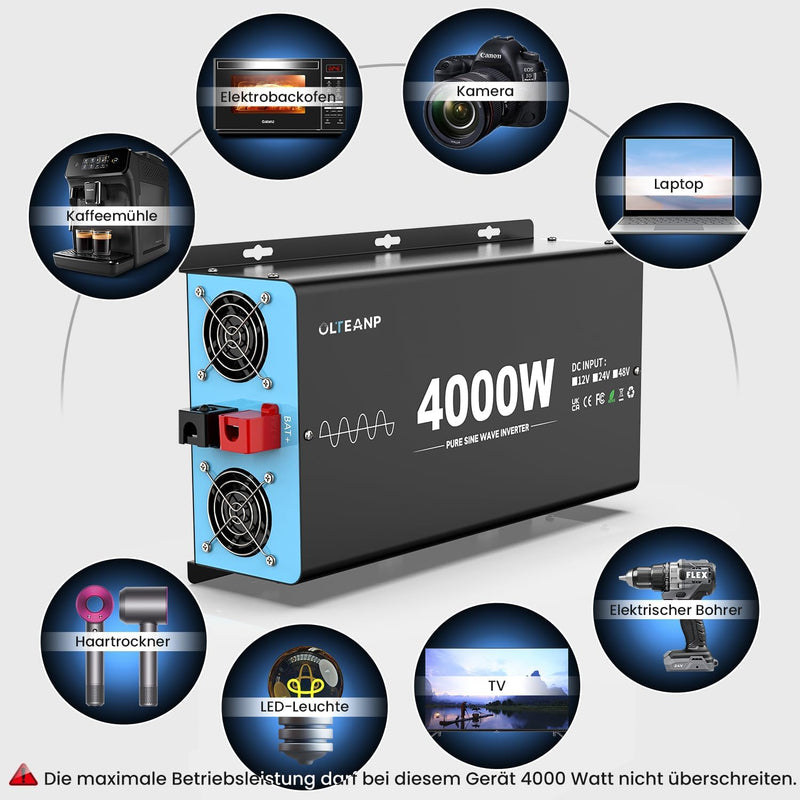 OLTEANP 4000W Wechselrichter Reiner Sinus 24V auf 230V KFZ Spannungswandler mit LCD-Bildschirm-Fernb