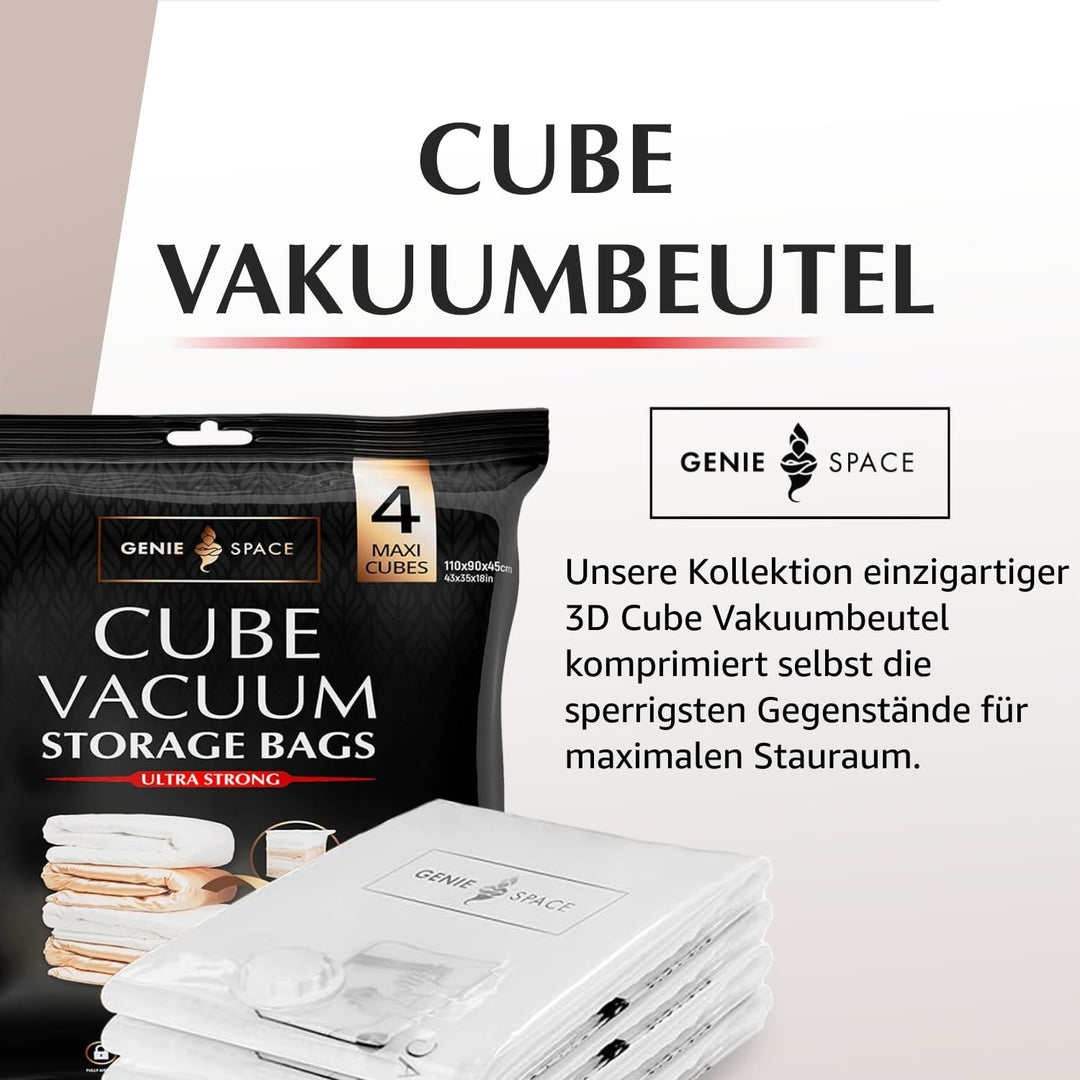 GENIE SPACE Vakuumbeutel - 4er Pack, Maxi Grösse 110x90x45cm | Starke XXL Jumbo Packwürfel | Luftdic