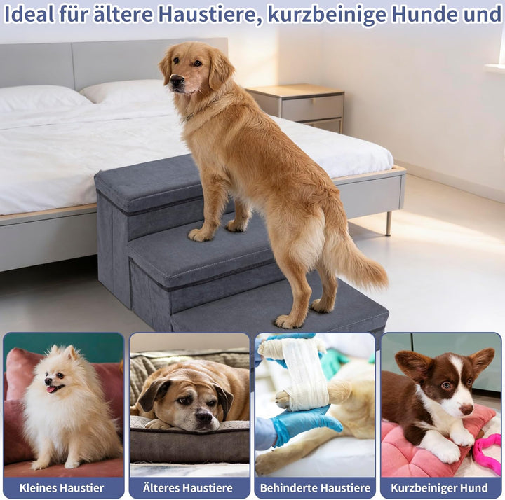 Hundetreppe mit Stauraum, 3 Stufen, faltbar, extra breite Haustierrampe, rutschfeste Hunderampe,Haus