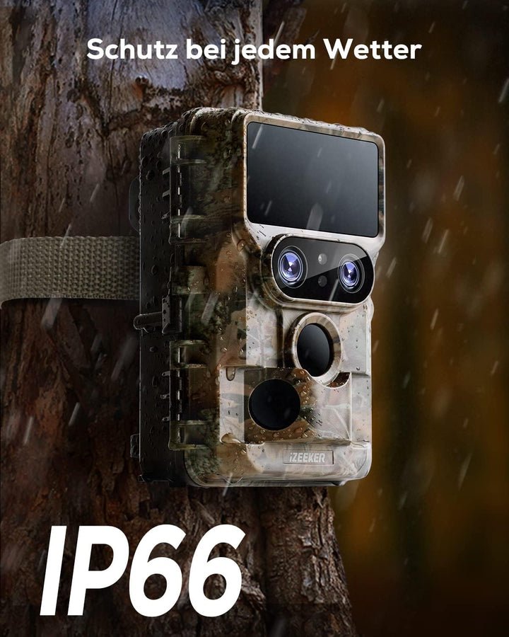 iZEEKER Wildkamera WLAN Duales Objektiv 4K 30fps 60MP, Wildtierkamera mit Sternenlicht Nachtsicht Be