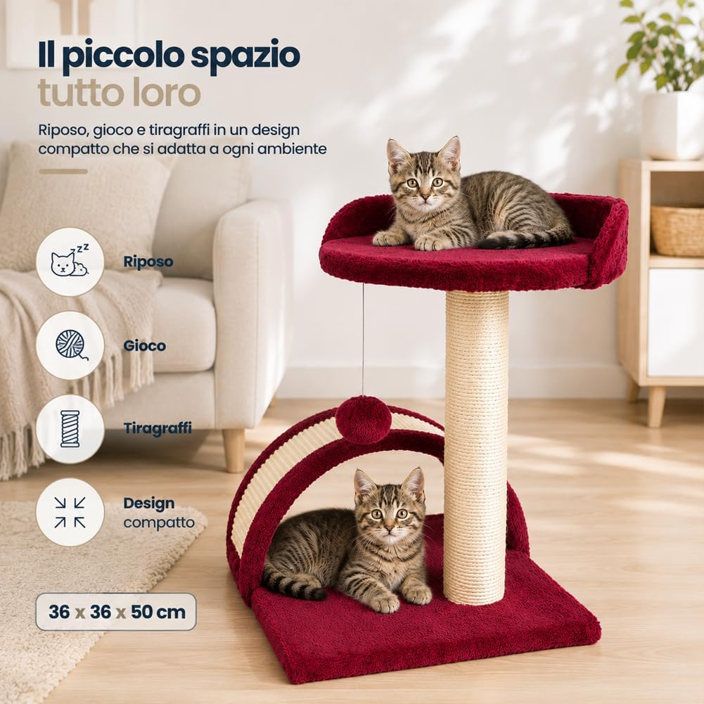 BAKAJI Kratzbaum für Katzen, aus weichem Velboa, mit Sisalstange, 50 cm, mit Spielball, Tunnel mit S