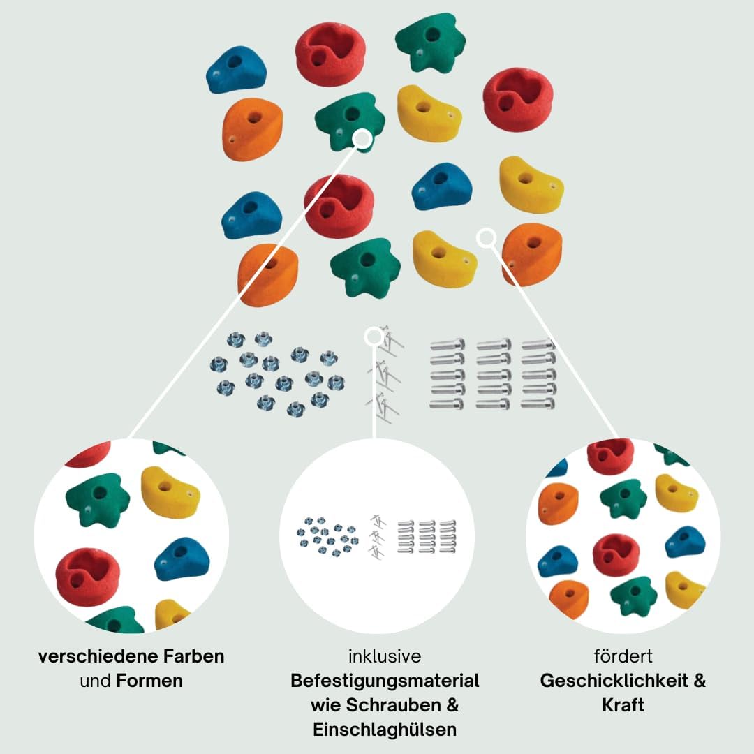 h2i Klettergriffe Kinder & Erwachsene | Klettersteine inkl. Befestigungsmaterial | Bunte Bouldergrif