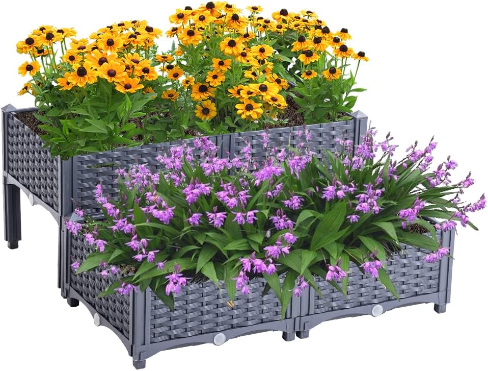 Mingone Blumenkasten Rattan Optik Blumentopf aus Kunststoff Blumenkasten Balkonkasten mit Wasserspei