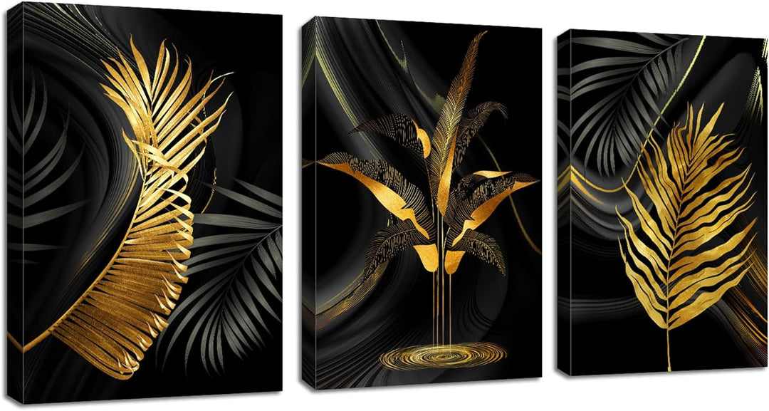 3 Teilig Goldenes Blatt Leinwandbilder Bilder Abstrakt Palmblatt Farn botanisch Blätter bild auf lei