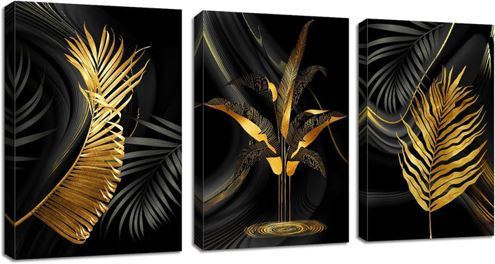 3 Teilig Goldenes Blatt Leinwandbilder Bilder Abstrakt Palmblatt Farn botanisch Blätter bild auf lei