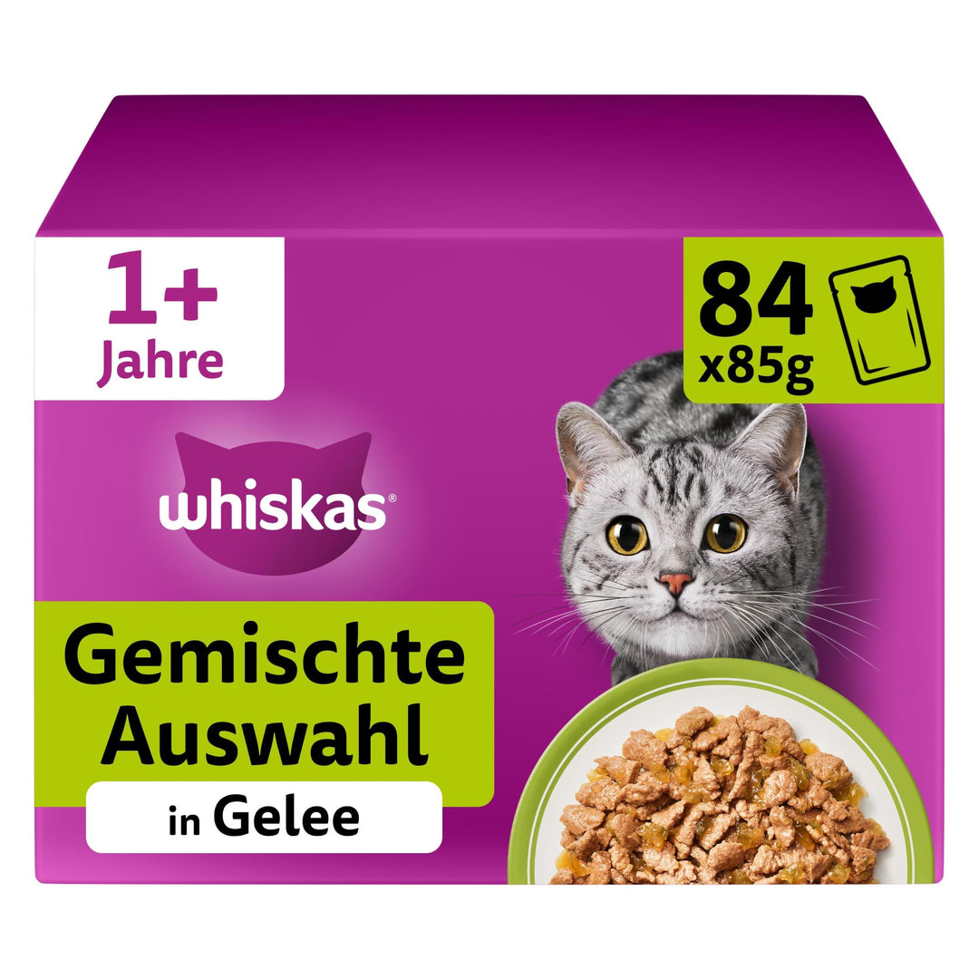 Whiskas Adult 1+ Katzennassfutter Gemischte Auswahl in Gelee, 84 Portionsbeutel, 84x85g (1 Grosspack