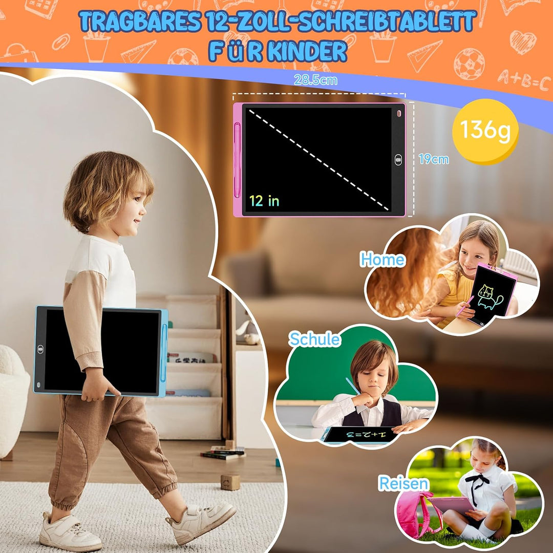LCD Schreibtafel 3 Stück, 12 Zoll Maltafel mit Abschliessbar Löschen-Taste, Schreibtafel mit Stift,