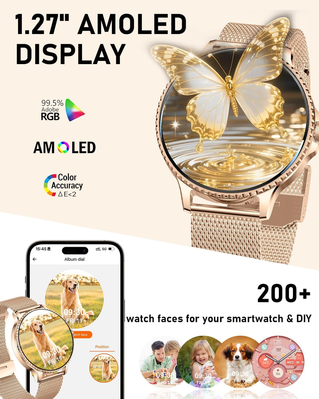 Smartwatch Damen mit Telefonfunktion,1.27" AMOLED Uhren Damen mit 24H Herzfrequenz/Schlafmonitor/SpO