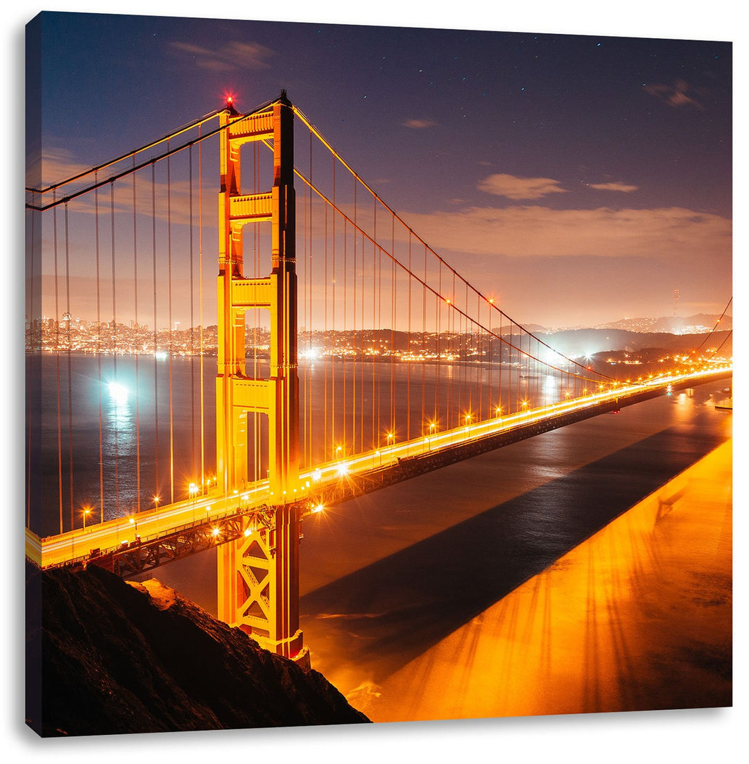 Pixxprint Golden Gate Bridge bei Nacht als Leinwandbild/Grösse: 70x70 cm/Wandbild/Kunstdruck/fertig