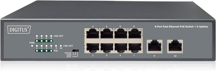 DIGITUS Fast Ethernet PoE+ Switch - 19 Zoll - 8 Ports + 2X Uplink RJ45 - IEEE802.3af/at - 120W Power