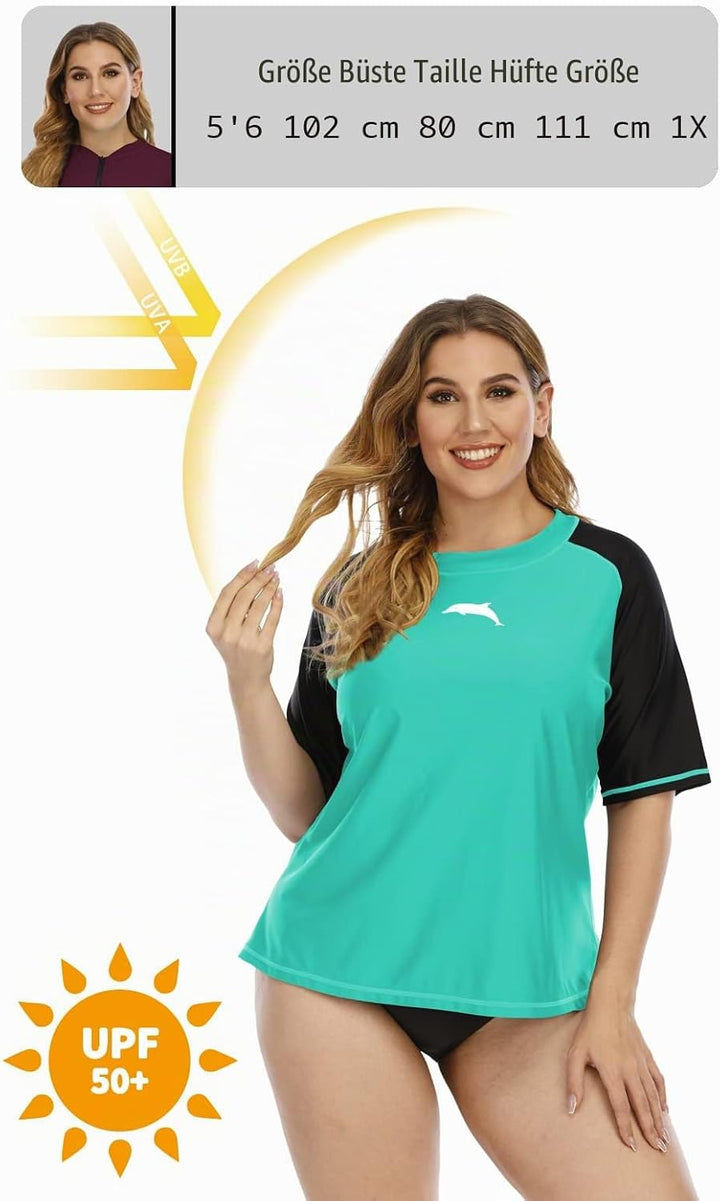 Halcurt UV Shirt Damen Übergrösse Rash Guard Kurzarm UPF 50+ Badeshirt UV Schutz Schwimmshirt Schnel