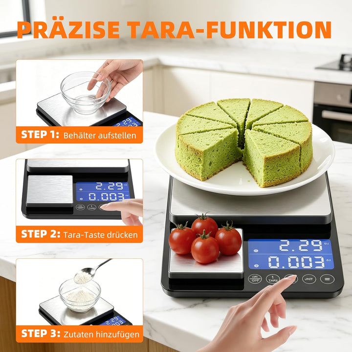 Digitale Küchenwaage mit 2 Plattformen | 15kg/1g & 500g/0.01g Präzisionswaage | 7 Mess-Einheiten, Au