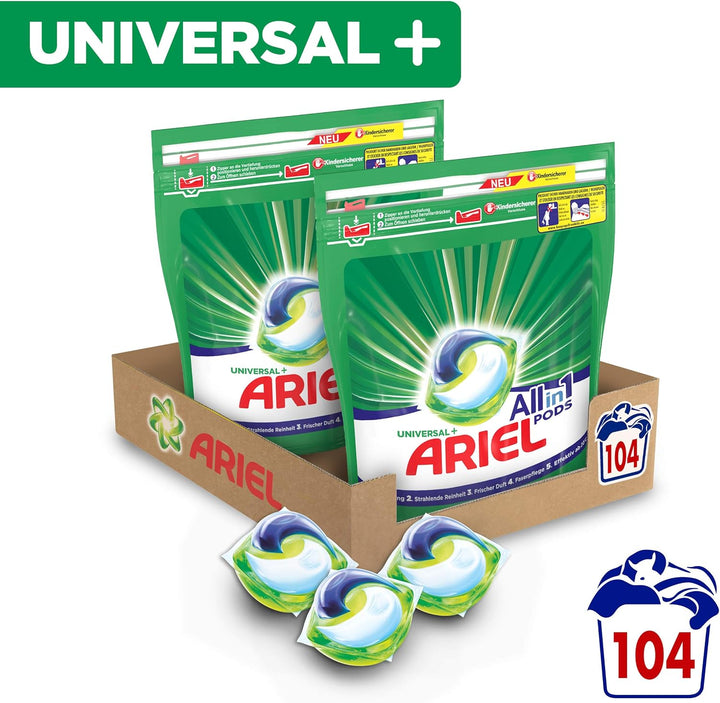 Ariel Waschmittel Pods All-in-1, 104 Waschladungen, Strahlend Rein, Umweltschonendes Waschen, 104 St