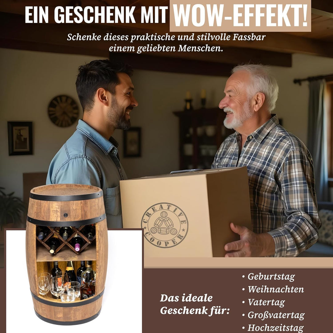CREATIVE COOPER Fassbar mit Weinhalter und LED - Weinregal - Holzfass Hausbar 80cm - Rustikaler deko