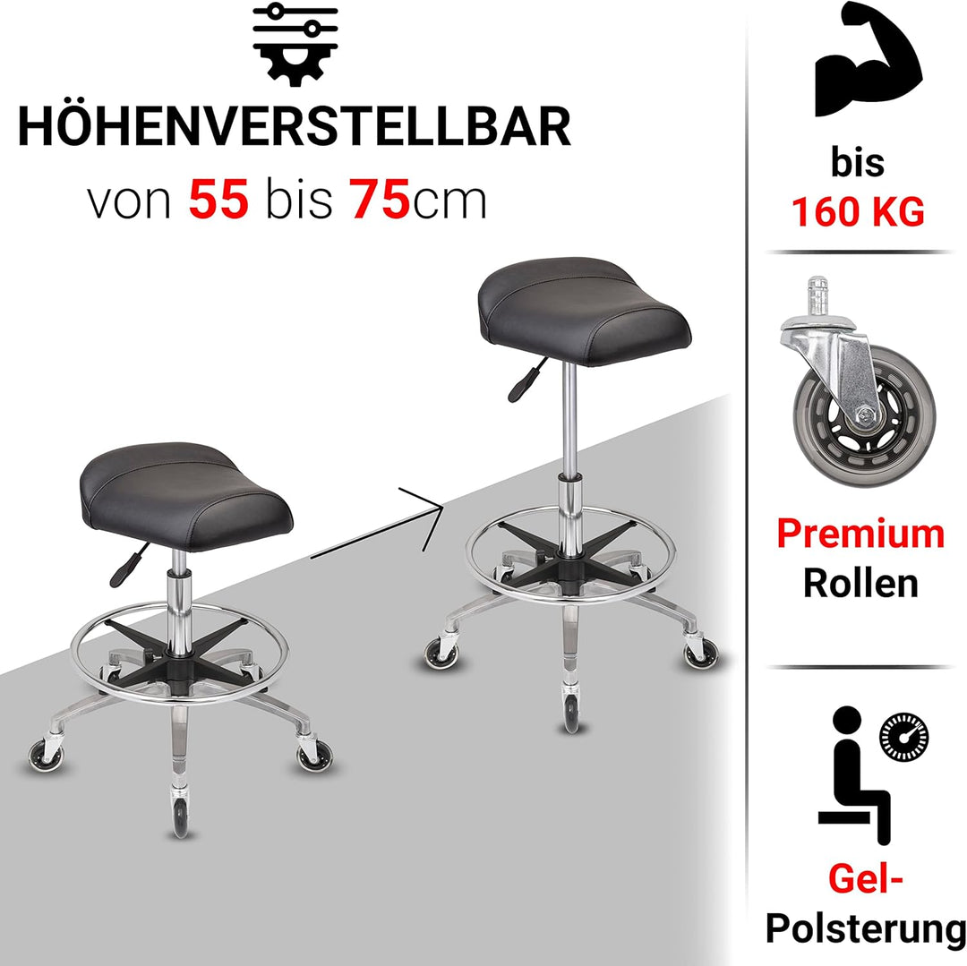 Staboos Rollhocker bis 160 kg - Sattelsitz und Fussstütze ergonomisch geformter Praxishocker (Premiu