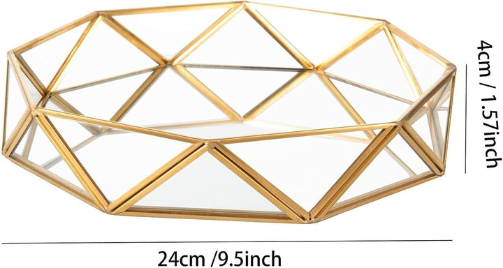Feyarl 24 cm Schmucktablett Kosmetiktablett Gold Dekotablett Schmuck Organizer Kosmetikorganiser Gla