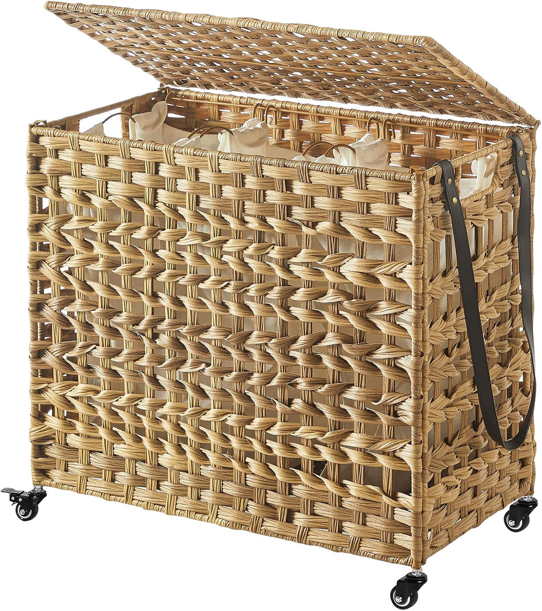 SONGMICS Wäschekorb, handgewebt, Wäschekorb, Rattanoptik, mobil, 3 Sortierfächer, Deckel, Griffe, ab