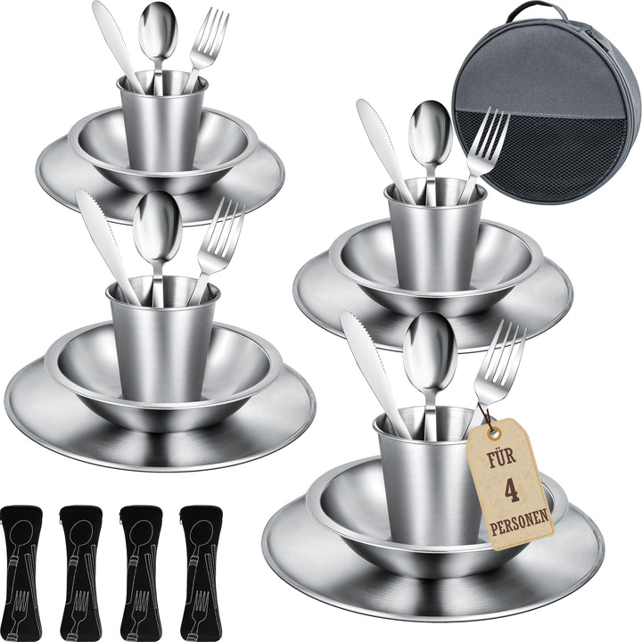 Campingbesteck Set für 4 Personen – Camping Geschirr Set mit Edelstahl Besteckset, Teller, Schale un
