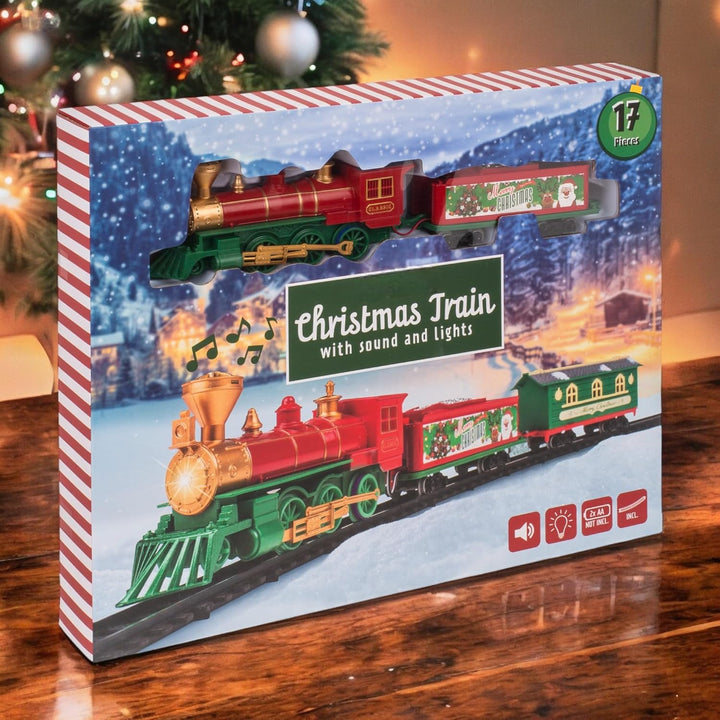 MIJOMA Weihnachtszug 17-teilig: Nostalgische Weihnachtseisenbahn mit Licht & Sound, inkl. Schienen,