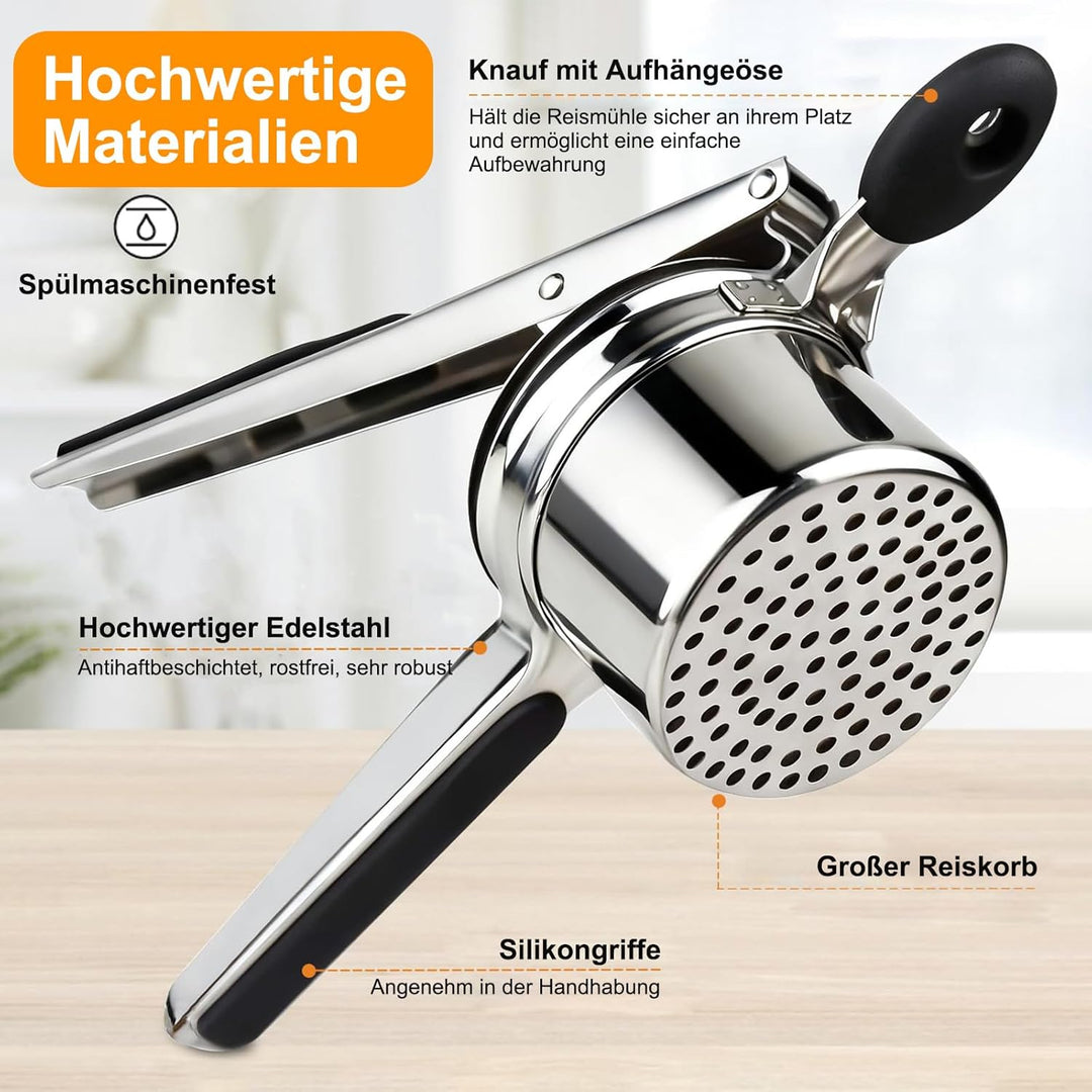 Kartoffelstampfer Edelstahl, Kartoffelpresse mit 4 Auswechselbaren Schneidplatten 3 Zubehörteile, zu