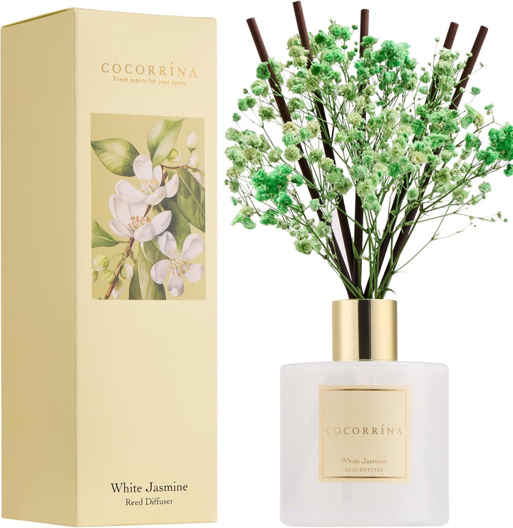 COCORRÍNA Raumduft Reed Diffuser mit 8 Duftstäbchen 200ml, White Jasmine, Natürlich, Langanhaltend,