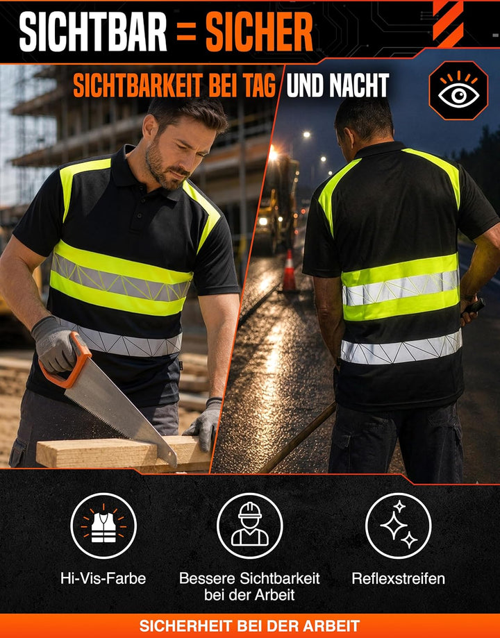 Warnschutz T-Shirt Polo - Atmungsaktiv mit Reflexstreifen und Baumwolle - Warn Tshirt Herren 3XL Sch