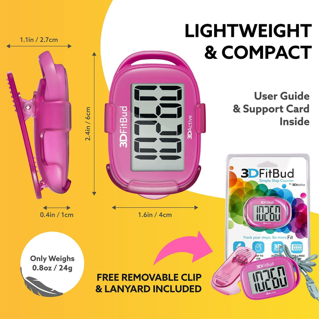 3DFitBud Einfacher Schrittzähler Walking 3D Schrittzähler mit Clip und Umhängeband, A420S Pink, Pink
