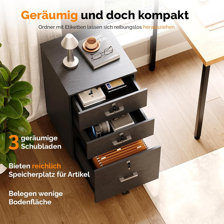 Bonnlo mobiler Aktenschrank 3 Schubladen für Büro,Homeoffice, schwarz,Holz, Schwarz