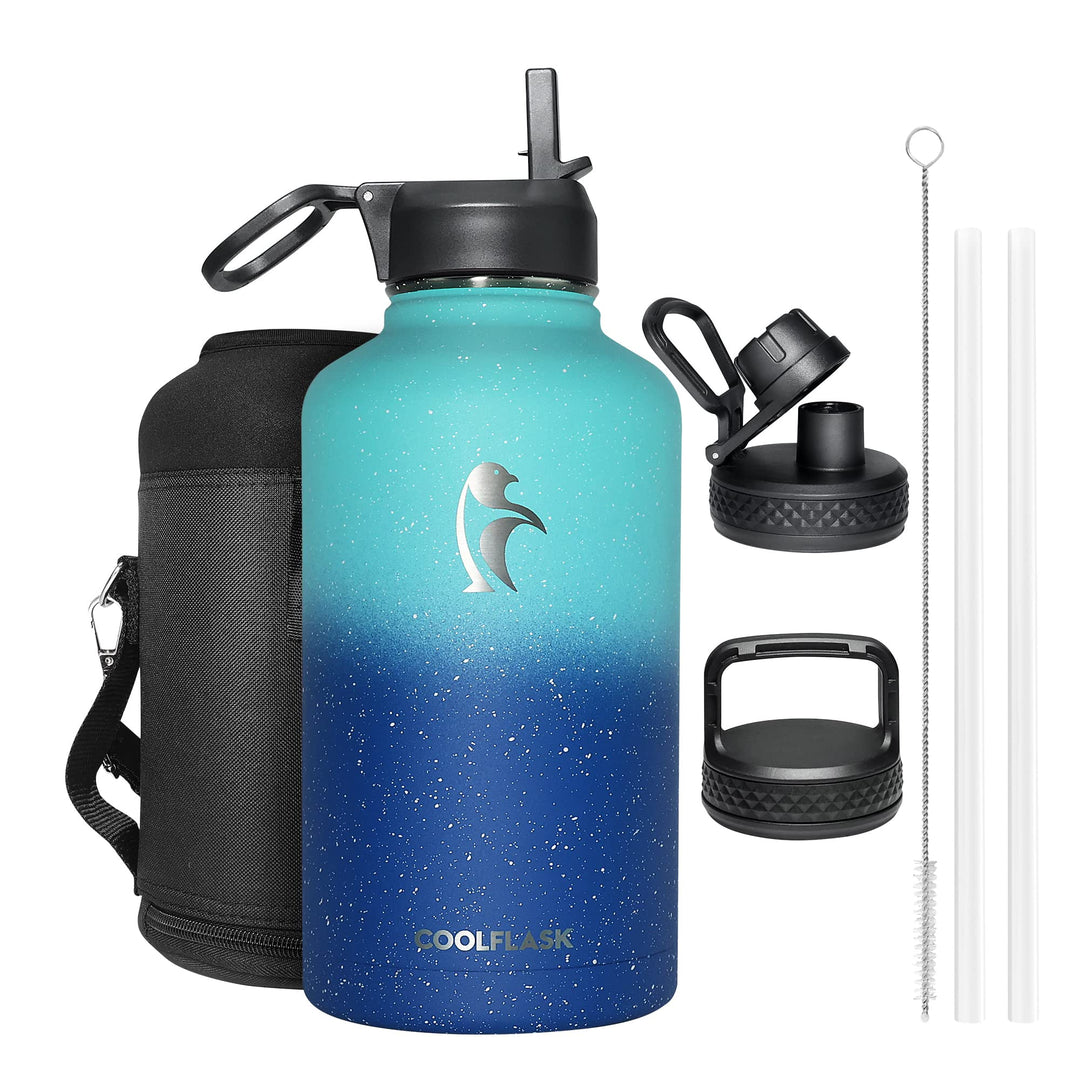 Coolflask Isolierte Wasserflasche 2L, Halbe Gallone Wasserkrug mit Strohhalm & 3 Deckeln, Grosse Iso