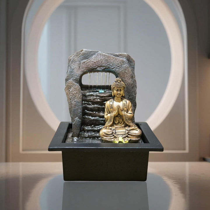 Zen Dao Fountain - Innenbrunnen Buddha Statue Abnehmbares LED -Licht - geschlossen - brauner und Gol