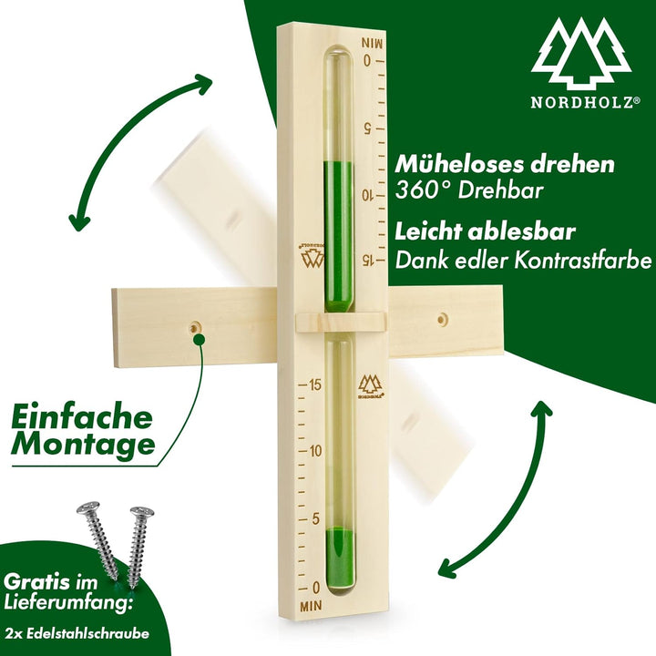 NORDHOLZ® Sauna Sanduhr 15 Minuten aus 100% nordischer Fichte - Glas robust &amp; hitzebeständig - Kontr