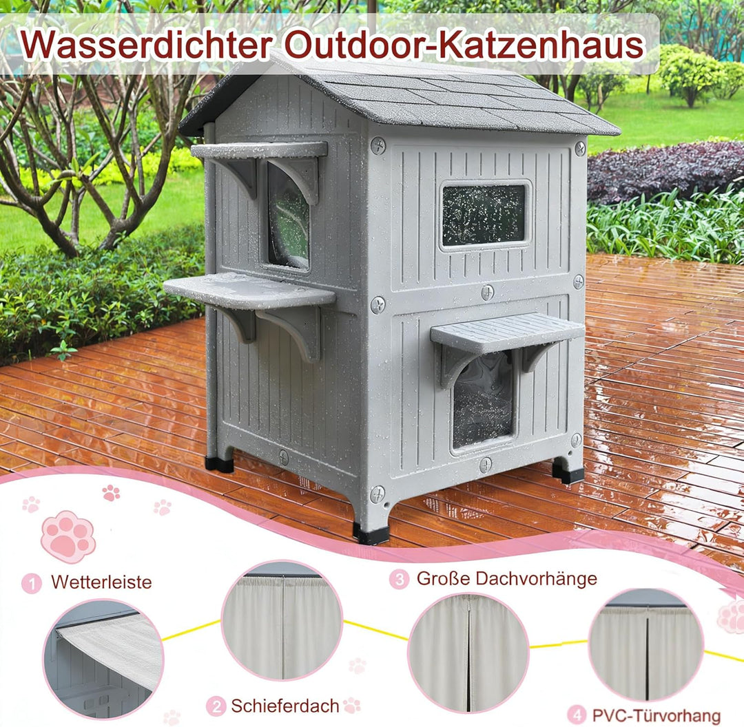 Katzenhaus Outdoor, 2 Geschichte Outdoor-Häuser für Katzen Kunststoff ausserhalb Katze Unterschlupf