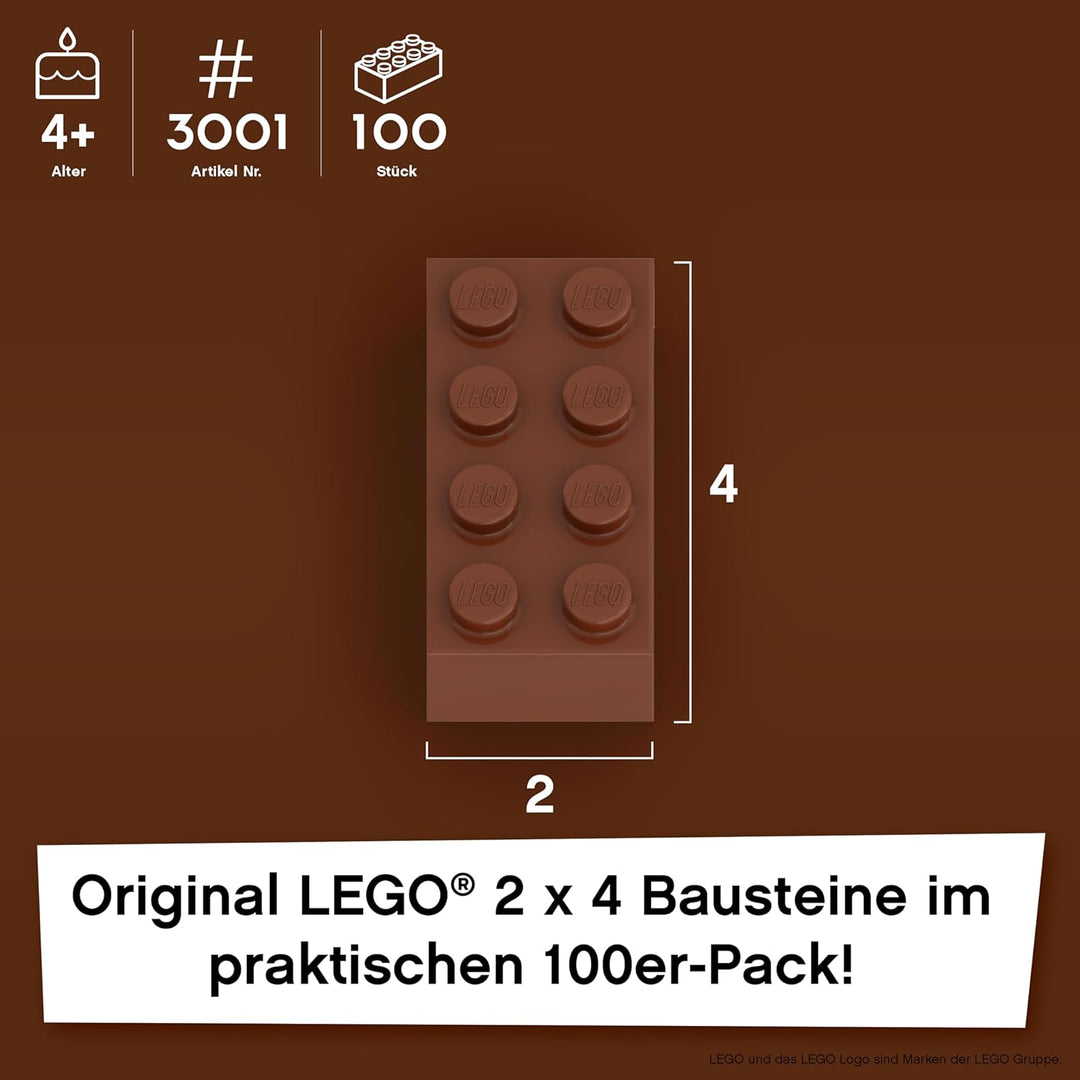 Lego Steine Classic, Rotbraun (Braun), 2x4 Bausteine, 100 Stück - Einzelteile Starterset oder Erweit