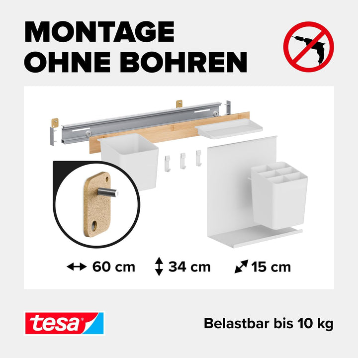 tesa Küchen-Organizer Kombi-Set M - selbstklebende Küchenleiste mit Kräutertopf, 2 Ablagen, Küchenut