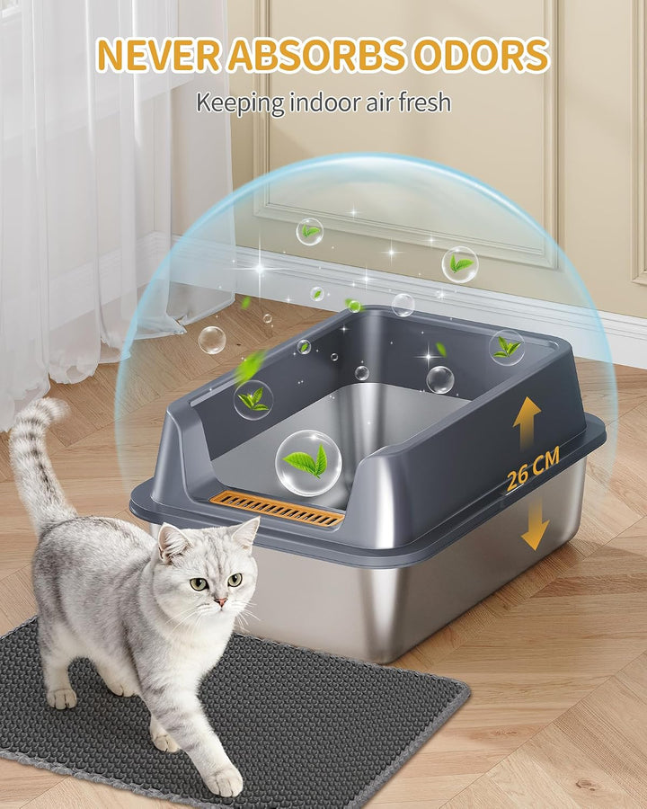 Hzuaneri Katzenklo Edelstahl XXL, 60 × 40 × 26 cm, Katzenklo mit Hoher Rand, mit XL-Matte, Schaufel,