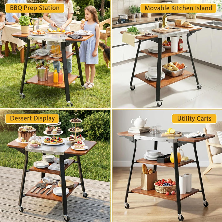 GFTIME Grillwagen mit Edelstahl-Arbeitsplatte, BBQ Wagen mit 2 klappbaren Seitenablagen & 2 Ablagebö