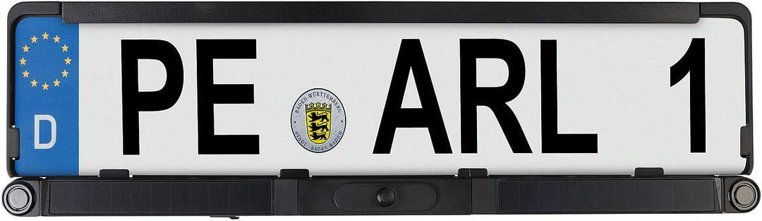 Lescars Rückfahrkamera: Solar-Funk-HD-Rückfahrcam Nummernschildhalter, Monitor, Abstandswarner (Rück