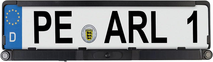 Lescars Rückfahrkamera: Solar-Funk-HD-Rückfahrcam Nummernschildhalter, Monitor, Abstandswarner (Rück