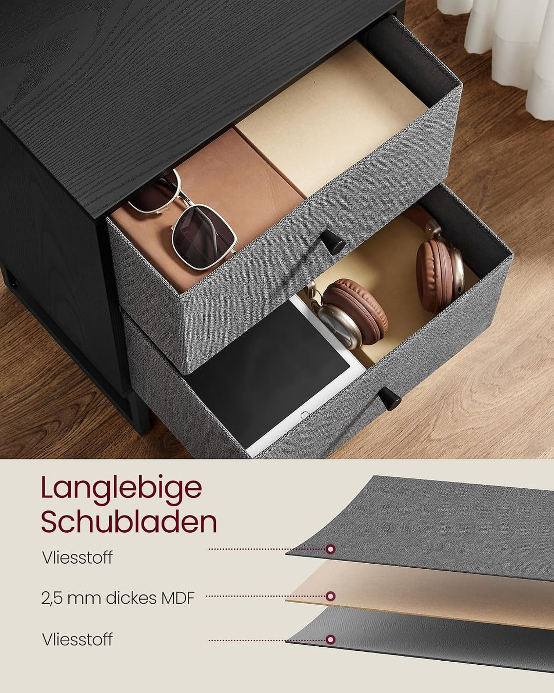 VASAGLE Nachttisch, 2er Set, Beistelltisch mit Stauraum, 2 herausnehmbare Schubladen, Nachtschrank f