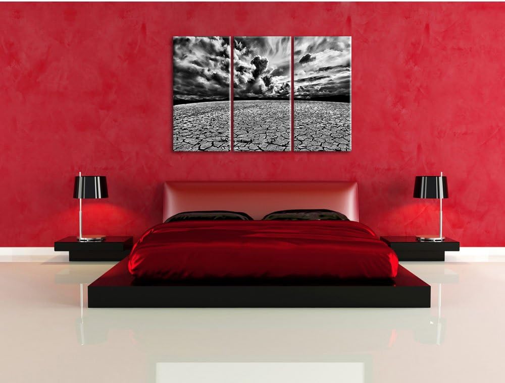 Pixxprint Monocrome, Ausgetrocknete Wüstenlandschaft 3-Teiler Leinwandbild 120x80 Bild auf Leinwand