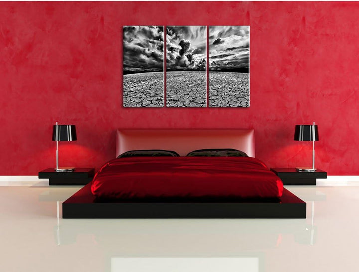 Pixxprint Monocrome, Ausgetrocknete Wüstenlandschaft 3-Teiler Leinwandbild 120x80 Bild auf Leinwand