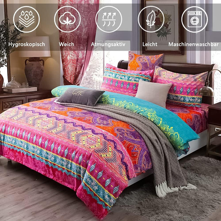AShanlan Bettwäsche Bohemian 155x220 cm Indisch Boho Stil Blau Rot 2 Teilig 100% Mikrofaser Böhmisch
