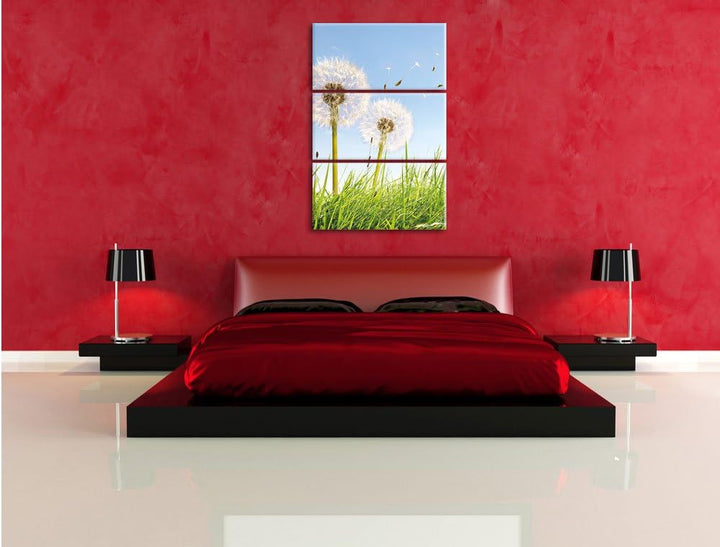 Pixxprint Pusteblumen auf sonniger Frühlingswiese 3-Teiler Leinwandbild 120x80 Bild auf Leinwand