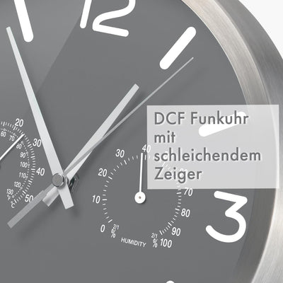 Bresser Funkuhr Wanduhr MyTime ND Thermo-Hygro mit geräuschlosem Funkuhrwerk, Edelstahlrahmen und An