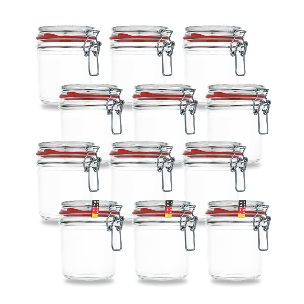 Flaschenbauer - 12er Set Drahtbügelgläser 530ml - Vorratsglas mit Dichtungsringen inkl. Etiketten, E