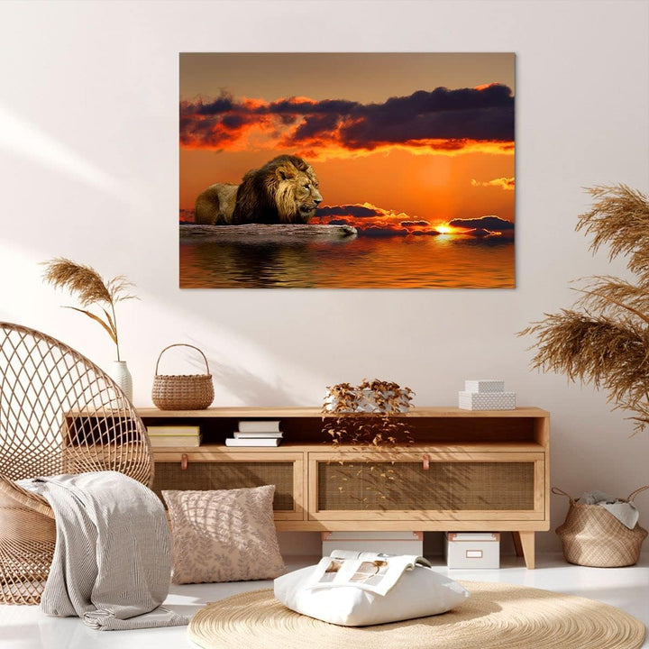 ARTTOR Bilder auf Leinwand 100x70cm Leinwandbild Löwe Sonne Landschaft Gross Wanddeko Bild Schlafzim