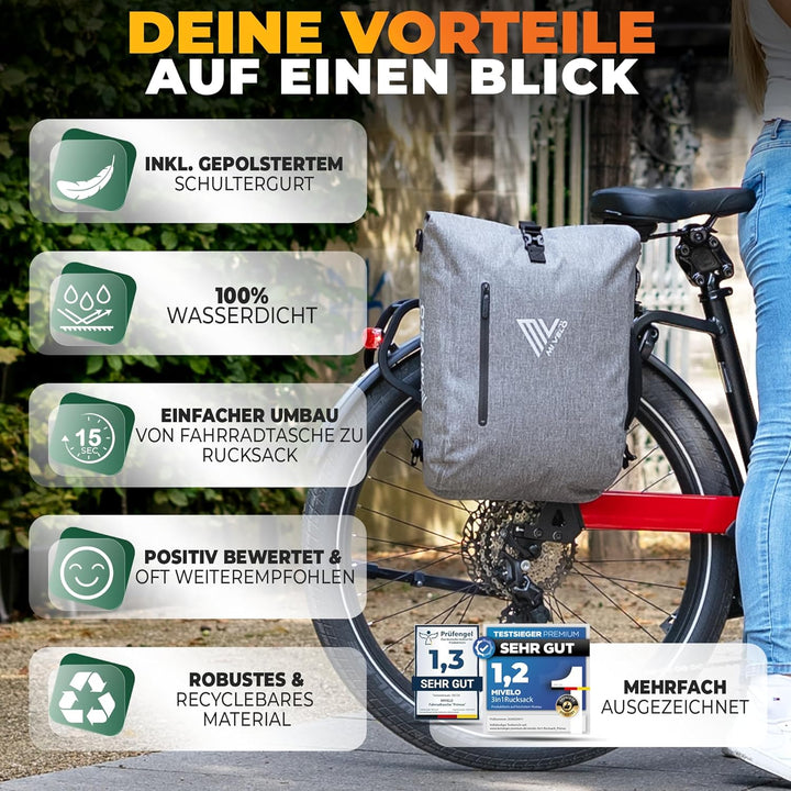 MIVELO - 3 in 1 Fahrradtasche - Rucksack - Schultertasche wasserdicht 100% PVC frei, mit Laptopfach